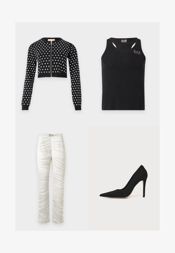 Cardigan court noir à pois blancs, manches longues, poignets et ourlet côtelés, avec une fermeture éclair argentée à l'avant.; Débardeur noir sans manches avec dos nageur et logo blanc EA7 Emporio Armani sur la poitrine ainsi qu'une étiquette à l'intérieur du col.; Pantalon beige clair à jambes larges avec des rayures zèbre abstraites blanches et une ceinture blanche fine avec une boucle dorée.; Escarpin stiletto noir à talon haut avec bout pointu et texture lisse, présenté de profil sur un fond clair uni.