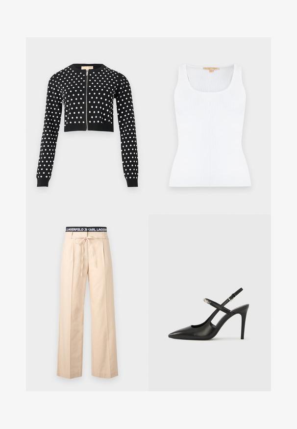Cardigan court noir à pois blancs, manches longues, poignets et ourlet côtelés, avec une fermeture éclair argentée à l'avant.; Débardeur blanc en maille côtelée sans manches, doté d'un col en U et d'une silhouette ajustée.; Pantalon beige à jambes larges avec plis, cordon de serrage à la taille et ceinture élastique noire ornée du texte blanc "KARL LAGERFELD".; Escarpins slingback en cuir noir avec bout pointu, design ajouré et bride ajustable ornée de ferrures métalliques.