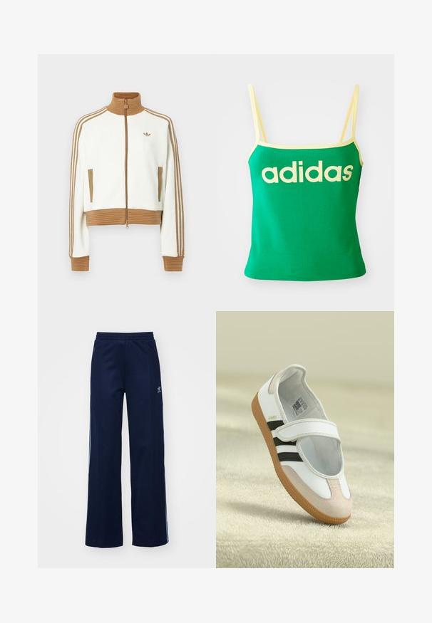 Weißes gekürztes Jacket mit einem gerippten braunen Kragen und Bündchen. Verfügt über zwei Seitentaschen und drei braune Streifen entlang der Ärmel. Besticktes Logo.; Grünes Tanktop mit gelben Akzenten, aus dehnbarem Material. Lieferumfang: großes gelbes "adidas"-Logo auf der Vorderseite und dünne Träger.; Helleblaue Baumwollmischung Trainingshosen mit weit geschnittenem Design, elastischem Bund und Reißverschlusstaschen, mit weißen Seitenstreifen und Logodetails.; Weiße Schuhe mit einer pinken Wildleder-Zehe, schwarzen Streifen und einem Klettverschluss. Sie verfügen über eine tanfarbene Gummisohle und ein Logo an der Seite.