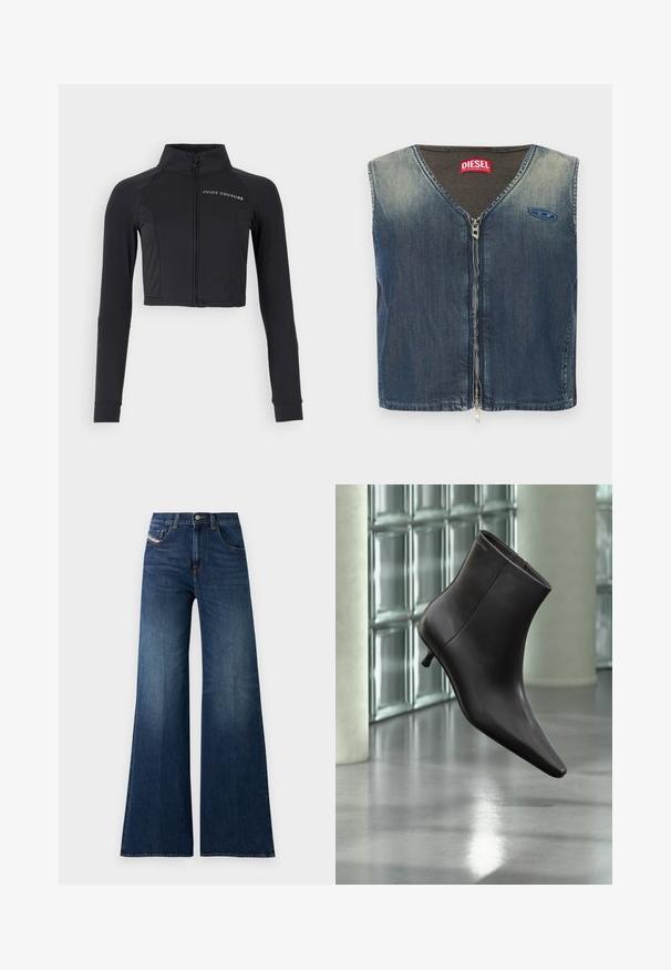 Must musta jakk, mis on valmistatud venivast kangast, kõrge krae, pikad varrukad ja eesmine tõmblukk, millel on valge "JUICY COUTURE" logo.; Denimist vest laia V-kaelusega ja esikinnisega, millel on krae ääres sooneline tekstuur ning vasakul küljel logo plaastriga.; Kõrge vöökohaga tumedat sinist laia säärega teksapüksid, millel on ees- ja münditaskud, nööbiga kinnis ja õrnad kullatud detailid reitel.; Mustast nahast pahkluu saabas terava varbaotsaga ja väikese kontsaga, esitletud klaasplokkidest seina ja poleeritud põranda taustal.