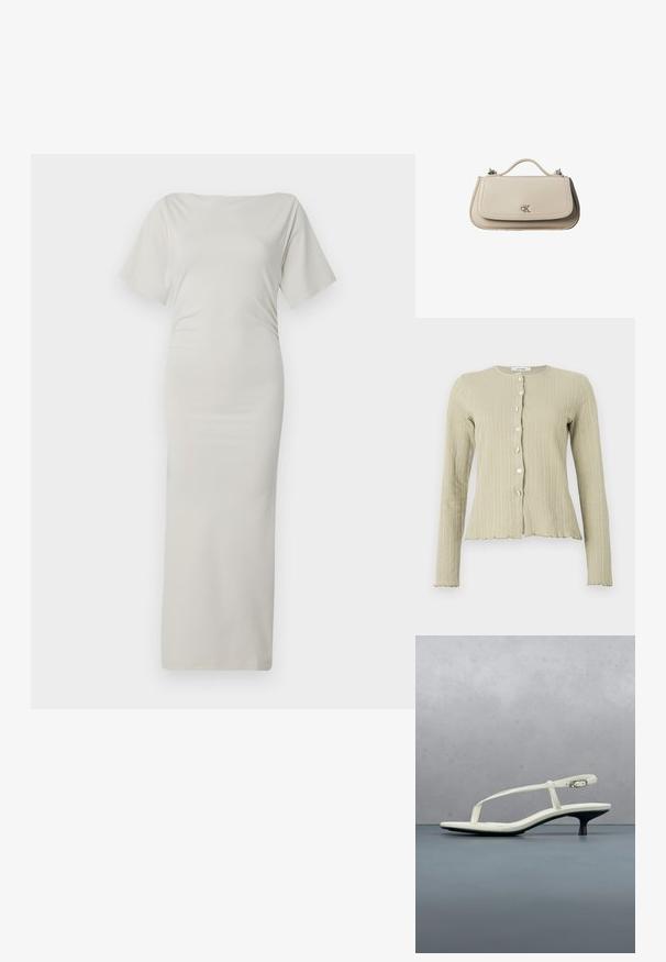 Lys grøn ribbad cardigan med rund halsudskæring, lange ærmer, knaplukning foran og bølget kantdetaljer.; Bodycon kjole i let, glat, cremefarvet stof. Har bådudskæring og korte ærmer. Lang, tætsiddende silhuet uden mønstre.; Hvid sandal med stropper og kitten-hæl med spids tå, svævende over et trægulv udendørs med en sløret plante og væg i baggrunden.; Lille beige læderhåndtaske med top håndtag og sølv CK-logo på frontklap, vist mod en hvid baggrund.