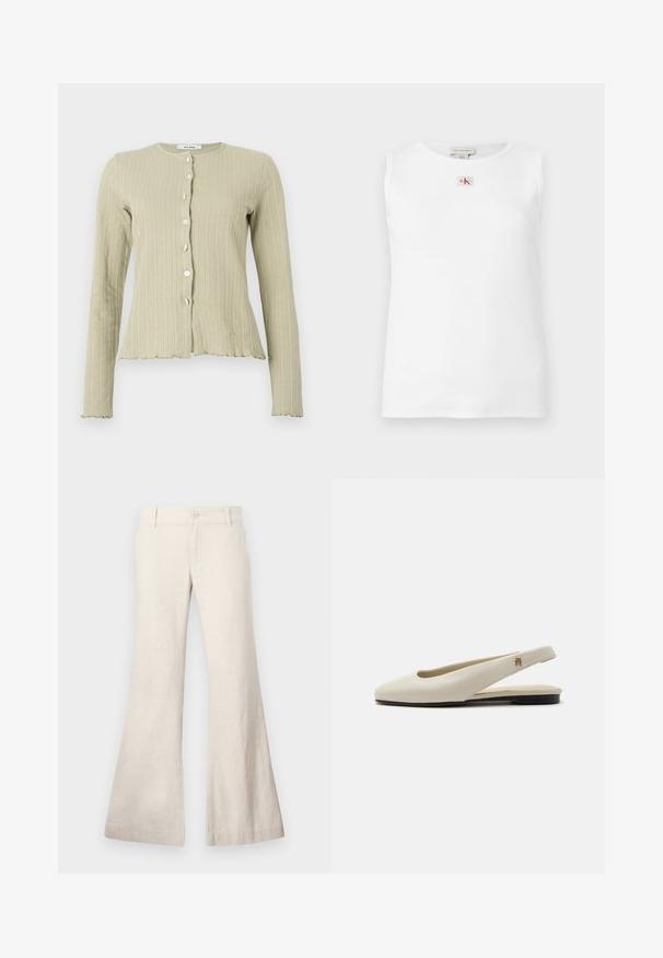 Lichtgroene geribde cardigan met een ronde halslijn, lange mouwen, knoopsluiting aan de voorkant en scalloped zoomdetails.; Witte mouwloze geribbelde tanktop met een klein rood en zwart Calvin Klein-logo gecentreerd net onder de halslijn.; Uitlopende beige broek gemaakt van een lichtgewicht linnenmix stof. Voorzien van een knoopsluiting aan de voorkant en zijzakken. Soepele textuur, casual ontwerp.; Crèmekleurige leren slingback platte schoen met ronde neus en klein gouden embleem op het bandje.