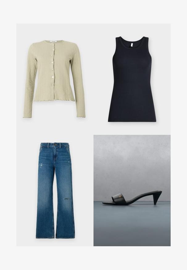 Lys grøn ribbad cardigan med rund halsudskæring, lange ærmer, knaplukning foran og bølget kantdetaljer.; Sort ærmeløs ribstrikket tanktop med rund halsudskæring, vist fladt mod en lys baggrund.; Blå denim bukser med brede ben og en falmet struktur, der har to slidte områder foran, en knaplukning og fem lomme-design.; Sort læder åben-toe sandal med hæl og guld logo på remmen, der svæver over en flisebelagt udendørs overflade med grønne planter i baggrunden.