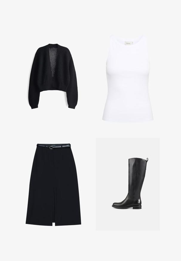 Cardigan noir ouvert à l'avant avec de longues manches larges. Matériau en tricot texturé avec une coupe décontractée et des poignets côtelés. Design léger et court.; Débardeur blanc côtelé avec un col rond et sans manches. Tissu extensible et design ajusté. Étiquette au dos indiquant "GESTUZ."; Jupe noire à mi-cuisse avec une fente frontale, fabriquée en tissu lisse. Comprend une fine ceinture noire avec une boucle en argent et des passants.; Bottes en cuir noir jusqu'au genou avec une finition lisse, bout rond, talon bas et une languette à l'arrière. Design minimaliste sans motifs visibles.