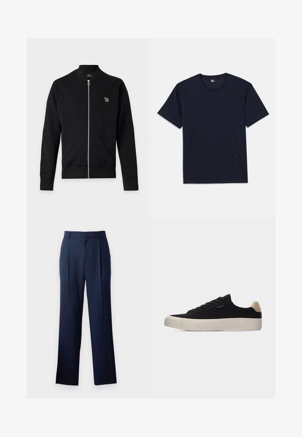 Veste noire zippée à manches longues avec poignets côtelés, avec un petit logo zèbre multicolore sur la poitrine gauche.; T-shirt en coton bleu marine à manches courtes, col rond et détails de couture minimes. Design simple sans motifs ni accents visibles.; Pantalons bleu marine foncé en tissu lisse avec une coupe droite, présentant une texture subtile et deux plis avant. Pas de poches visibles.; Baskets basses noires avec languette beige au talon, semelle en caoutchouc blanche épaisse, lacets noirs et petite étiquette "PS Paul Smith" sur le côté.