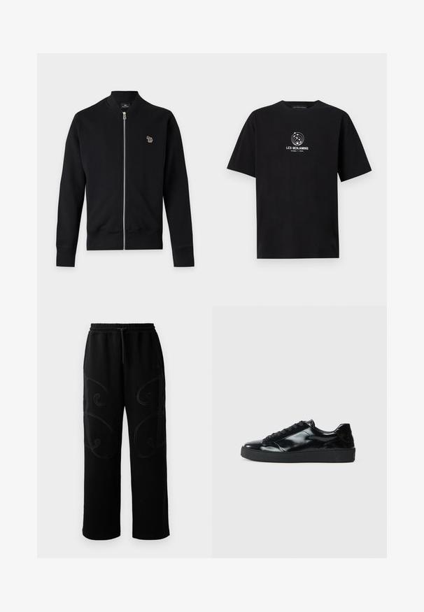 Veste noire zippée à manches longues avec poignets côtelés, avec un petit logo zèbre multicolore sur la poitrine gauche.; T-shirt noir à manches courtes en coton avec un imprimé graphique blanc portant le texte "LES BENJAMINS" et des éléments en forme d'étoile.; Pantalons de jogging noirs avec une coupe décontractée, présentant des motifs de couture tourbillonnants complexes sur les côtés et une ceinture élastique avec cordon de serrage.; Baskets en cuir verni noir avec un bout arrondi, un laçage, une semelle en caoutchouc texturé et une finition lisse.
