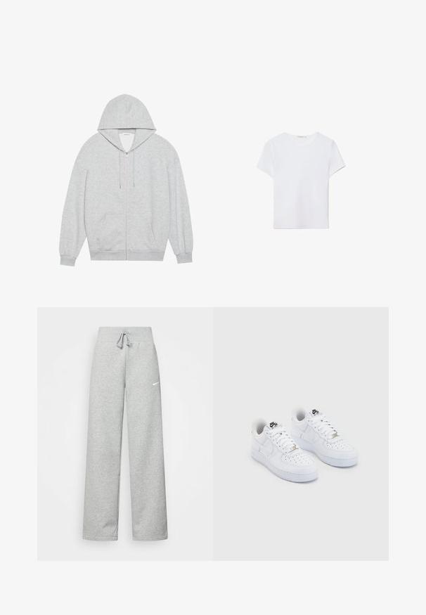 Grå zip-up hættejakke med en stor hætte, lange ærmer og frontlommer. Glat tekstur med en løs pasform og minimal detailing.; Hvid kortærmet t-shirt lavet af blødt stof. Har en rund halsudskæring og et simpelt, rent design med en lige underkant.; Grå sweatpants med elastisk talje, snor detaljer og et lille hvidt Nike-logo på venstre lår. Blødt stof, løs pasform.; Hvide Nike Air Force 1 sneakers med en glat læderoverdel, perforeret tåboks, hvide snørebånd og sort branding på tungen.