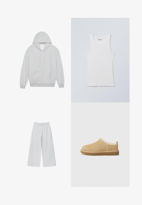 Grå zip-up hættejakke med en stor hætte, lange ærmer og frontlommer. Glat tekstur med en løs pasform og minimal detailing.; Hvid bomulds tanktop med rund halsudskæring og brede skulderstropper. Har ribstrikket tekstur og lige kant forneden. Mærke vist ved halsudskæringen.; Lys grå vidtgående bukser lavet af blødt stof med elastisk talje. Designet har en løs pasform for komfort og bevægelsesfrihed.; Suede slip-on sko i lys tan, med en blød pelsforing og tekstureret gummisål med en let hæl og bagestrop for nem påklædning.