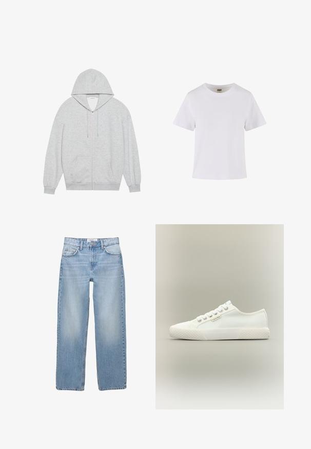 Grå zip-up hættejakke med en stor hætte, lange ærmer og frontlommer. Glat tekstur med en løs pasform og minimal detailing.; Hvid bomulds t-shirt med korte ærmer, rund halsudskæring og lige snit. Glat tekstur, enkelt design, ingen synlige mønstre eller dekorationer.; Lyseblå denimbukser med lige ben, fem-pockets stil og synlige syninger. Stofmaterialet har en blød, let falmet tekstur.; Hvid lavtopet lærreds-sneaker med tekstureret gummisål, hvide snørebånd og lille Calvin Klein-mærke på siden.
