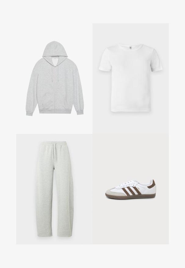 Grå zip-up hættejakke med en stor hætte, lange ærmer og frontlommer. Glat tekstur med en løs pasform og minimal detailing.; Hvid kortærmet t-shirt med ribbet tekstur. Klassisk crew neckline, ingen synlige logoer eller mønstre, og et simpelt, rent design.; Lysegrå joggingbukser med elastisk linning og snørre. Stoffet har en blød tekstur og lige, løstsiddende ben.; Hvid og brun Adidas Samba sneaker med tre brune striber, snørebånd og tekstureret sål vist fra siden på en ensfarvet baggrund.