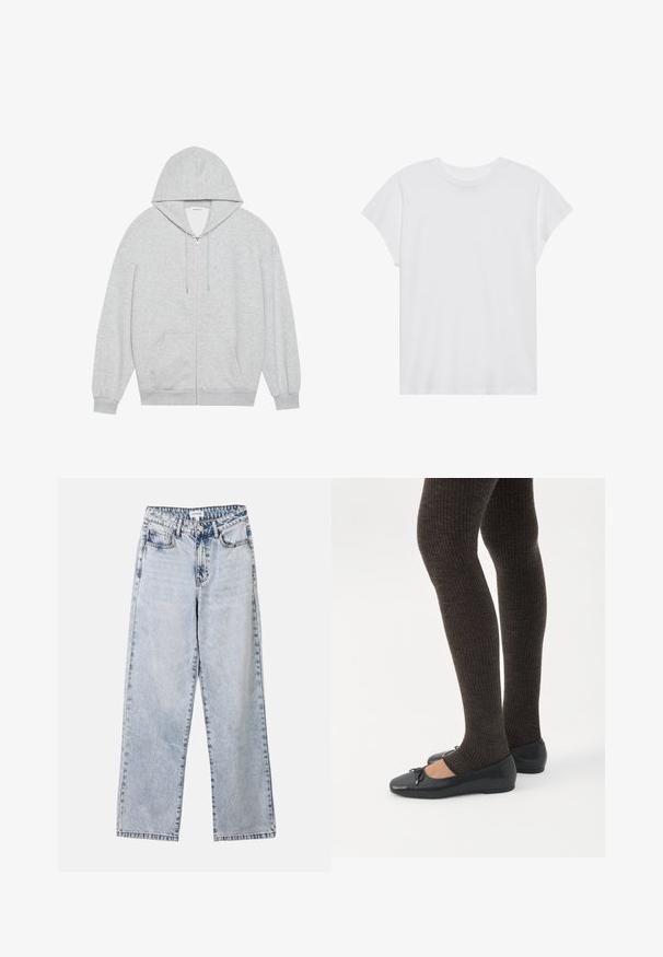 Grå zip-up hættejakke med en stor hætte, lange ærmer og frontlommer. Glat tekstur med en løs pasform og minimal detailing.; Hvid kortærmet t-shirt med rund hals, afslappet pasform, lavet af blødt bomuldsstof. Glat tekstur, ingen mønstre eller logoer.; Lysblå lige ben jeans lavet af denim, med to frontlommer, en knaplukning og kontraststing langs sømmene.; Ben iført mørke ribbede leggings kombineret med sorte balletsko med små sløjfedetaljer på hvid baggrund.