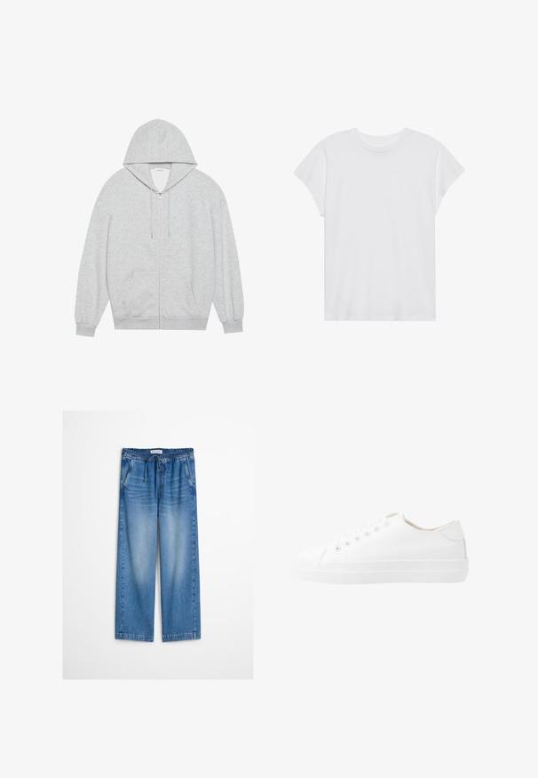 Grå zip-up hættejakke med en stor hætte, lange ærmer og frontlommer. Glat tekstur med en løs pasform og minimal detailing.; Hvid kortærmet t-shirt med rund hals, afslappet pasform, lavet af blødt bomuldsstof. Glat tekstur, ingen mønstre eller logoer.; Lyseblå vidbenet denimbukser med elastik i taljen og snor, med let falmning og afslappet pasform.; Hvide kanvas sneakers med lavt design, rund tå, seks snørehuller og en struktureret gummisål. Glat materiale med minimale detaljer.