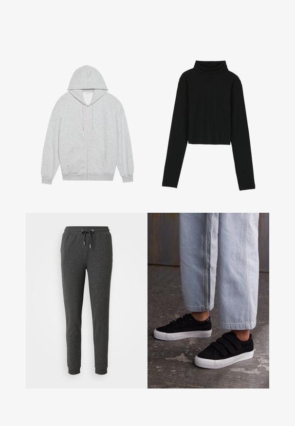 Harmaa vetoketjullinen huppari, jossa on suuri huppu, pitkät hihat ja etutaskut. Sileä pinta, rento istuvuus ja minimaalinen yksityiskohtaisuus.; Even&Odd Pitkähihainen paita - black; Tummanharmaat verkkarit, jotka on valmistettu pehmeästä kankaasta. Niissä on joustava vyötärö, jossa on naru, kapenevat lahkeet ja nilkkakengät.; Musta corduroy-kangas lenkkarit, joissa on kolme tarranauhaa ja teksturoitu pinta. Matala valkoinen kumipohja. Yhdistetty vaaleansinihin lyhytlahkeisiin housuihin.