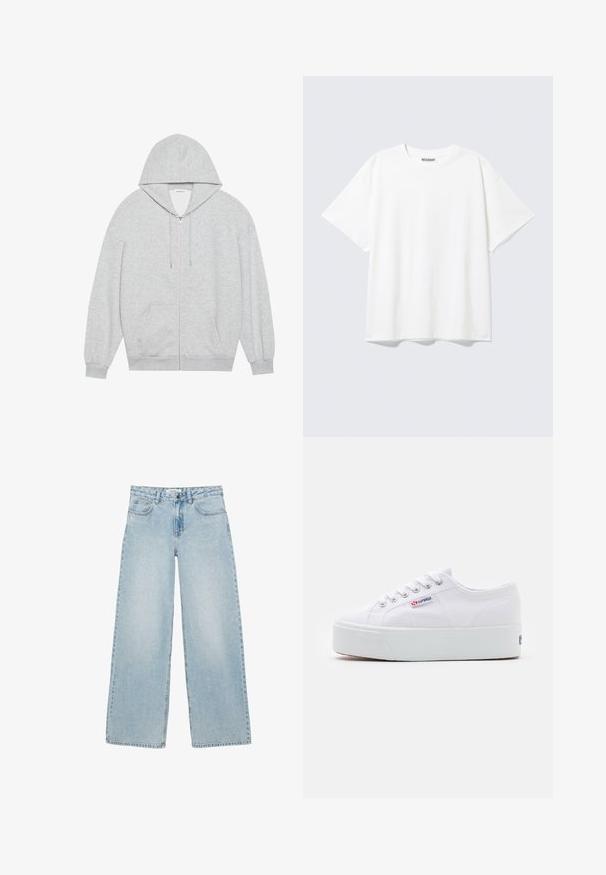 Grå zip-up hættejakke med en stor hætte, lange ærmer og frontlommer. Glat tekstur med en løs pasform og minimal detailing.; Hvid T-shirt med korte ærmer og rund halsudskæring med en afslappet pasform og et "WEEKDAY" mærke på indersiden af nakken bagtil.; Lyseblå bukser med vide ben, for- og baglommer, knap- og lynlås-lukning samt diskrete rhinstenudsmykninger.; Hvide canvas sneakers med en tyk hvid platformssål, rund tå og metaløjelets til snørebånd. Mærkets logo præsenteret på siden.