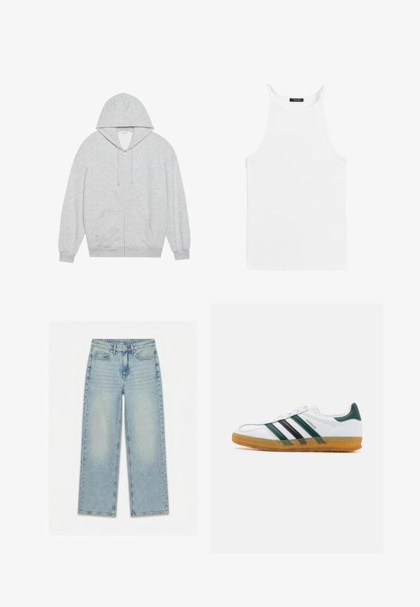 Grå zip-up hættejakke med en stor hætte, lange ærmer og frontlommer. Glat tekstur med en løs pasform og minimal detailing.; Hvid ærmeløs top med tynde stropper og høj halsudskæring, lagt fladt på en hvid baggrund.; Lyseblå jeans med lige ben, forreste knap, lynlås, bæltestropper og design med fem lommer lagt fladt på en hvid baggrund.; Hvide lædersneakers med grønne og sorte striber; gummisål; tekstureret tåboks; guld "Gazelle" branding på siden.