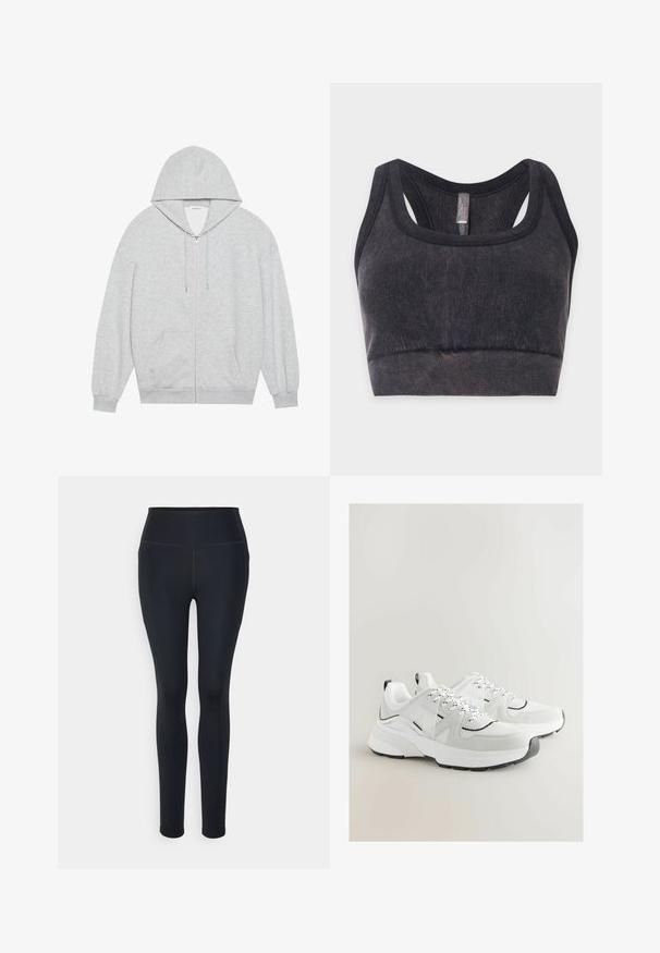 Grå zip-up hættejakke med en stor hætte, lange ærmer og frontlommer. Glat tekstur med en løs pasform og minimal detailing.; Sort ribbet sports-bh lavet af stof med brede skulderstropper og racerback-design, vist fladt på en lys baggrund.; Sorte leggings i fuld længde lavet af strækbart stof med en høj talje, der har flade sømme og ingen fremtrædende mønstre eller udsmykninger.; Hvide sportssko med mesh og suede materialer, prydet med sorte accenter, teksturerede snørebånd og en tyk hvid sål med en grå tåhætte.