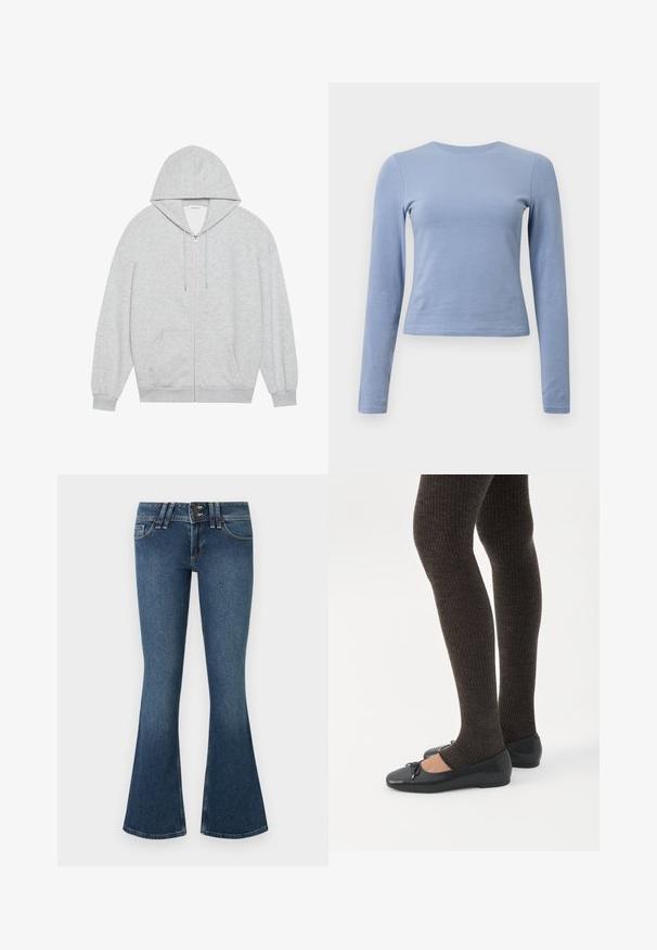Grå zip-up hættejakke med en stor hætte, lange ærmer og frontlommer. Glat tekstur med en løs pasform og minimal detailing.; Lyseblå langærmet skjorte lavet af blødt bomuldsstof. Har en rund halsudskæring og en tætsiddende silhuet med en glat tekstur.; Blå denimflarede jeans med høj talje, som har lukning med to knapper, fem lommer og kontrastsyning langs sømmene.; Ben iført mørke ribbede leggings kombineret med sorte balletsko med små sløjfedetaljer på hvid baggrund.