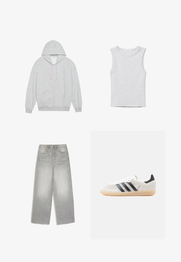 Grå zip-up hættejakke med en stor hætte, lange ærmer og frontlommer. Glat tekstur med en løs pasform og minimal detailing.; Ærmeløs lysegrå cropped tanktop med rund halsudskæring, lavet af blødt strikstof.; Lysegrå jeans med vide ben, forlommer og knaplukning, lagt fladt på en hvid baggrund.; Hvide mesh-sneakers med sort tre-stribet design, rundet tå og gummisål. Har blød hælkant og snørelukning.