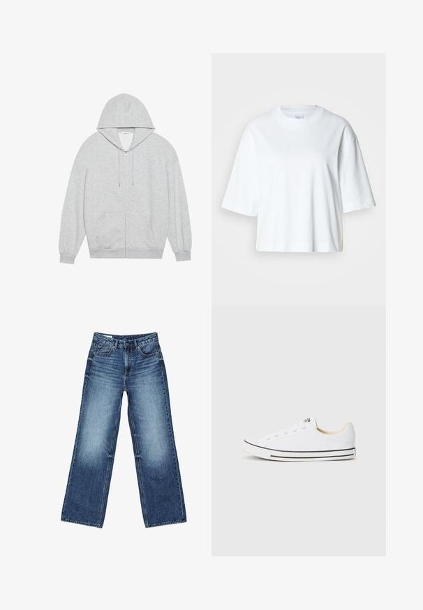 Grå zip-up hættejakke med en stor hætte, lange ærmer og frontlommer. Glat tekstur med en løs pasform og minimal detailing.; Hvid cropped t-shirt med korte ærmer, rund halsudskæring, lavet af blødt bomuldsmateriale, med et enkelt og rent design.; Blå denimjeans med falmet vask på lårene, lige bred ben-snit, foran med knap, lynlås og fem-lomme-stil.; Hvide kanvas sneakers med lav profil, rund tå, sorte striber på sålen og seks huller til snørebånd. Struktureret stoffinish.