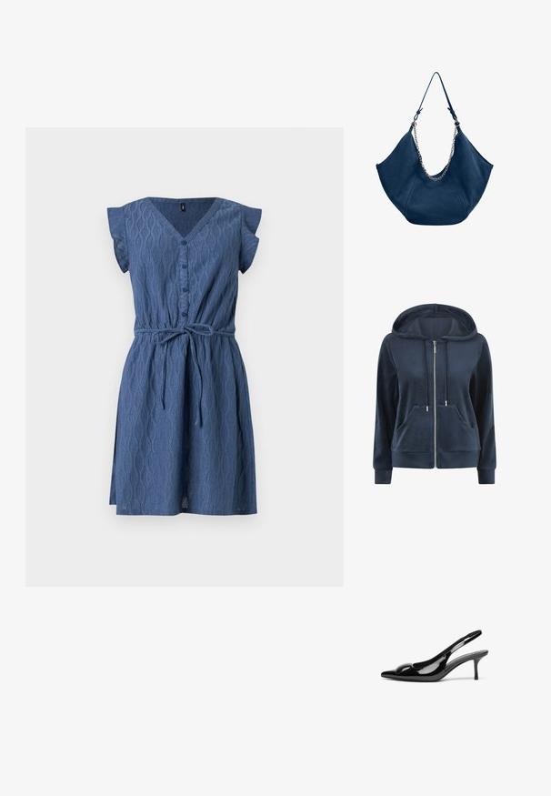 Marineblauwe zip-up hoodie van zachte fluweel, met een trekkoord-capuchon, twee voorzakken en ribgebreide manchetten en zoom.; Blauwe korte jurk met een V-hals, korte gerufflede mouwen, knopen aan de voorkant, taillekoord, een textuurpatroon dat aan golven doet denken, en een uitlopende rok.; Zwarte gepatineerde leren slingback hakken met een puntige neus en een glanzende afwerking. Heeft een slanke hak en een ronde accent op de bovenkant.; Marineblauwe suède hobo-tas met een kettingaccent. Zachte, gebogen vorm met verstelbare schouderbanden en een subtiel geperst logo aan de onderkant.