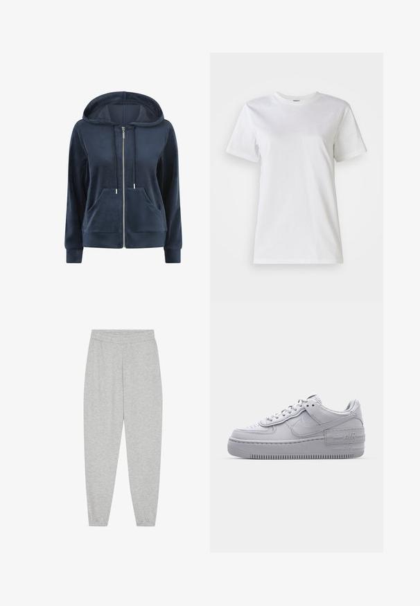 Marineblå lynlås hættetrøje lavet af blød velour, med snoretræk i hætten, to forlommer samt ribkanter i manchetter og kant.; Hvid bomulds t-shirt med rund hals og korte ærmer. Stoffet er glat med en blød tekstur og uden synlige mønstre eller detaljer.; Lysegrå sweatpants lavet af blød bomuldsblanding, med elastisk talje, tynde ribbede ankler og ingen synlige lommer eller mønstre.; Grå Nike Air Force 1 sneakers med perforeret tå, glat læderoverdel, tyk sål og præget 'AIR' detalje på hælen.