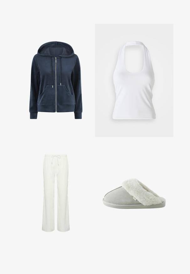 Marineblauwe zip-up hoodie van zachte fluweel, met een trekkoord-capuchon, twee voorzakken en ribgebreide manchetten en zoom.; Witte haltertop met een ronde halslijn, gemaakt van een gladde, rekbare stof. Heeft een minimalistisch ontwerp zonder versieringen of patronen.; Long Tall Sally TALL WIDE LEG - Trainingsbroek - ivory; Lichtgrijze slippers van zachte suede met een fluffy crèmekleurige nep-bont voering. Ontwerp met open achterkant, een vlakke zool en minimale merkdetails.