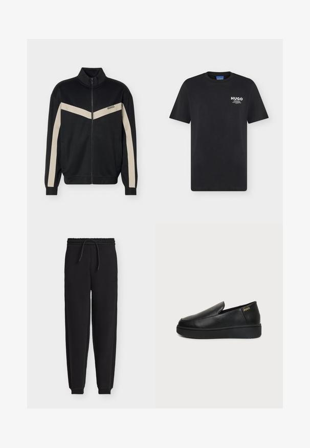 Veste noire zippée avec des bandes beige en forme de chevrons sur la poitrine et les manches, avec le logo "HUGO" sur la poitrine gauche.; T-shirt noir à manches courtes et col rond avec petit logo blanc "HUGO" et texte sur la partie supérieure gauche de la poitrine.; Pantalon de jogging noir avec taille élastique, cordon de serrage, jambes fuselées, chevilles à bords-côtes et petite pièce sur la cuisse droite.; Chaussure noire en cuir à enfiler avec semelle épaisse et petits trous de ventilation latéraux, avec un logo doré "HUGO" près du talon.