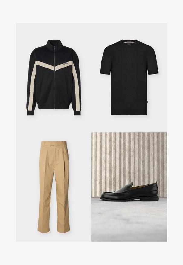Veste noire zippée avec des bandes beige en forme de chevrons sur la poitrine et les manches, avec le logo "HUGO" sur la poitrine gauche.; Pull noir en maille à manches courtes avec col rond côtelé, poignets et ourlet, avec une petite étiquette latérale et une étiquette intérieure de col de marque.; Pantalon beige en coton lisse à taille haute, avec des plis à l'avant et des jambes droites. Aucun équipement visible ni motifs.; Mocassin pour homme en cuir noir avec un dessus embossé effet croco et un petit talon, présenté de profil sur un fond neutre.
