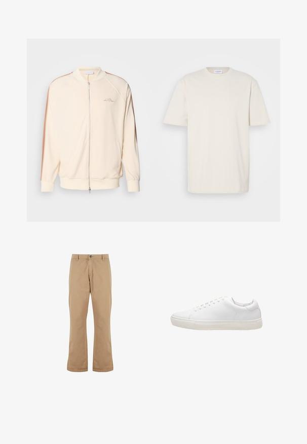 Chaqueta bomber crema con cierre de cremallera, rayas marrones en los hombros, puños de canalé y sutil bordado del logo en el pecho.; Camiseta de manga corta en color blanco roto, hecha de algodón. Diseño clásico de cuello redondo con corte recto y detalles de costura mínimos.; Pantalones de algodón beige con un corte recto, que cuentan con un cierre de botón, bolsillos frontales y una textura suave.; Zapatilla de cuero blanco con textura suave, puntera redonda, cierre de cordones y suela de goma plana. Diseño minimalista sin patrones visibles.