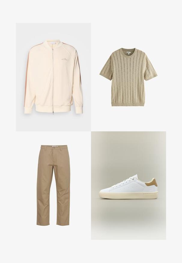 Chaqueta bomber crema con cierre de cremallera, rayas marrones en los hombros, puños de canalé y sutil bordado del logo en el pecho.; Jersey de punto beige de manga corta con rayas verticales acanaladas, cuello redondo y etiqueta de tamaño mediano dentro del cuello.; Pantalones de algodón beige con un diseño de pierna recta, que cuentan con un cierre frontal de botón y cremallera, bolsillos laterales y un acabado limpio.; Zapatilla blanca de corte bajo con suela beige y parche de ante marrón en el talón, diseño con cordones y detalles mínimos de perforación en el lateral.
