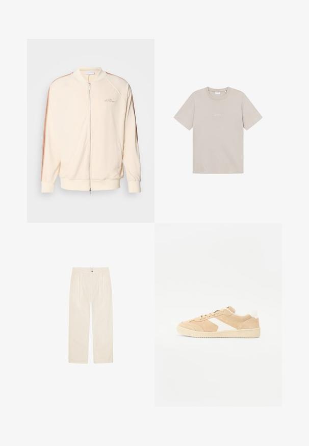 Creme bomberjakke med lynlås, kontrasterende brune striber på skuldrene, ribbestrikkede cuffe samt diskret logo broderi på brystet.; Beige bomulds t-shirt med korte ærmer, rund halsudskæring og subtil "LES DEUX" tekst trykt i hvidt på forsiden. Glat tekstur.; Beige bukser lavet af bomuldsstof, med lige ben, to forlommer og en enkelt knaplukning i taljen.; Beige ruskind sneakers med hvide detaljer, rund tå og snørebåndslukning. Tekstureret overdel og gummisål med diskret branding.