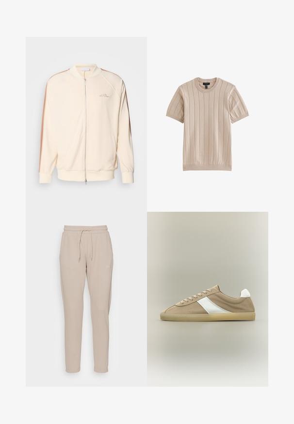 Creme bomberjakke med lynlås, kontrasterende brune striber på skuldrene, ribbestrikkede cuffe samt diskret logo broderi på brystet.; Beige striktrøje med korte ærmer med lodrette ribstriber og rund halsudskæring.; Sean John SCRIPT LOGO ESSENTIAL PANTS - Træningsbukser - grey; Lys brun ruskindssneaker med beige sål, hvid hælkappe, hvid sideliste og snørelukning på neutral baggrund.