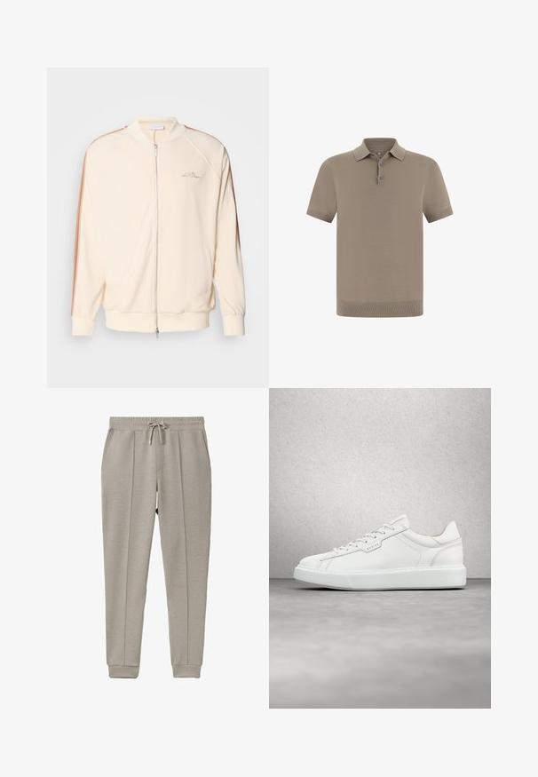 Chaqueta bomber crema con cierre de cremallera, rayas marrones en los hombros, puños de canalé y sutil bordado del logo en el pecho.; Polo en topo con acabado texturizado, mangas cortas y cuello. Cuenta con una tapeta de tres botones y puños acanalados.; Pantalones de chándal grises claros hechos de una tela suave, con una cintura elástica con cordón, bolsillos laterales y puños acanalados.; Zapatilla de cuero blanca con punta redonda, cierre de cordones plano y suela de goma gris. Presenta costuras sutiles y un acento de logo.