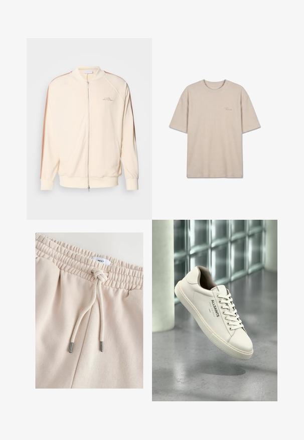 Chaqueta bomber crema con cierre de cremallera, rayas marrones en los hombros, puños de canalé y sutil bordado del logo en el pecho.; Camiseta beige de manga corta con tejido de gofre, cuello redondo y pequeño logo bordado en el pecho izquierdo.; Pantalones deportivos color beige claro con cintura ajustable con cordón. Textura suave, cintura elástica con detalles fruncidos y puntas metálicas plateadas en el cordón.; Zapatilla blanca de AllSaints con cordones, logo y texto en japonés suspendida sobre un suelo de hormigón pulido con bloques de vidrio esmerilado en el fondo.