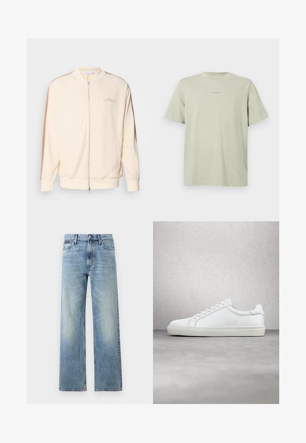 Chaqueta bomber crema con cierre de cremallera, rayas marrones en los hombros, puños de canalé y sutil bordado del logo en el pecho.; Camiseta de algodón verde clara con cuello redondo, mangas cortas y un pequeño logo de Calvin Klein en una tonalidad más oscura impreso en el pecho.; Vaqueros de mezclilla azul claro de corte recto con cintura alta, cinco bolsillos, cierre de botón y sutil desgaste en los muslos y las rodillas.; Zapatilla blanca con parte superior de cuero liso y perfil bajo. Presenta una puntera redondeada, seis ojales y una suela de goma texturizada.