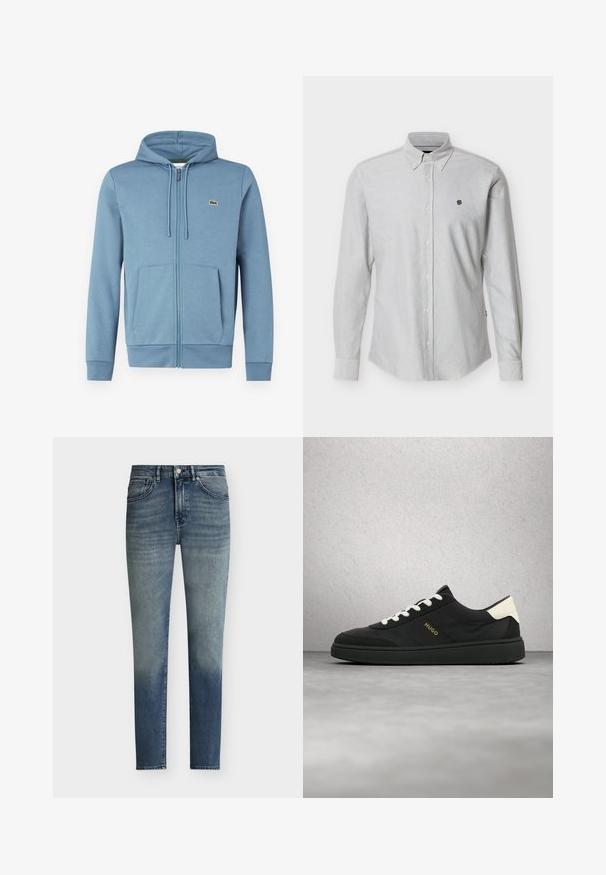 Lyseblå zip-up hoodie lavet af blødt stof. Har en hætte med snore, forlommer og et brandlogo på brystet.; Lysegrå skjorte med knapper og en struktureret krave, med en lille broderet logo på brystet og lange ærmer med knapmanchetter.; Herre slim-fit blå jeans med diskret falmet detalje, knaplukning og design med fem lommer.; Sort sneaker med hvide snørebånd og hælkappe, "HUGO"-logo på siden, vist i luften mod en grå gulv- og glasblokvæg som baggrund.