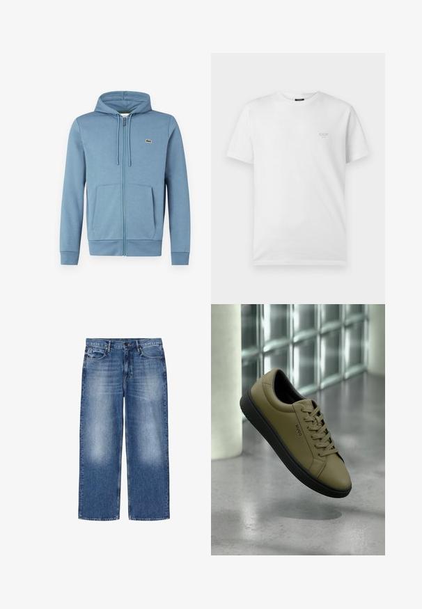 Lyseblå zip-up hoodie lavet af blødt stof. Har en hætte med snore, forlommer og et brandlogo på brystet.; Hvid bomulds T-shirt med korte ærmer, rund hals og et lille, diskret gråt tekstlogo på venstre bryst.; Blåtonede straight-leg denimjeans med fem lommer og knaplukning, vist fladt på hvid baggrund.; Olivengrøn lavsko med sort sål og snørebånd, "HUGO" mærke på siden, svævende over poleret betongulv nær glasvæg.