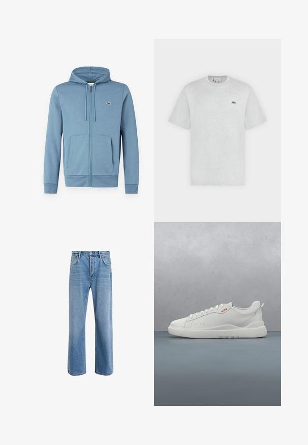 Lyseblå zip-up hoodie lavet af blødt stof. Har en hætte med snore, forlommer og et brandlogo på brystet.; Lysegrå t-shirt med korte ærmer og rund hals med lille grønt Lacoste krokodillelogo på venstre bryst.; Lyseblå denim jeans med lige ben-design, fem lommer, knaplukning, minimal falming og kontraststingdetaljer.; Hvide sneakers med en glat læderfinish, rund tå, fire snørehuller, subtile perforeringer og en rød logo detalje på siden.