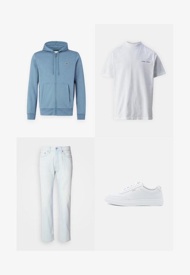 Lyseblå zip-up hoodie lavet af blødt stof. Har en hætte med snore, forlommer og et brandlogo på brystet.; Hvid bomulds t-shirt med høj halsudskæring og korte ærmer. Har "SAMSØE SAMSØE" logo i sort på forsiden. Glat tekstur.; Lyseblå denimjeans med lige ben. Har en knaplukning og bæltestropper, viser en falmet tekstur og minimal syning.; Hvide lædersneakers med glat tekstur, rund tå og ton-i-ton syning. Har blå snørebånd og et gult logo på siden.