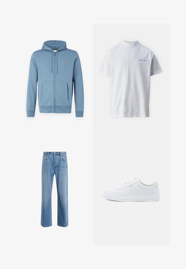 Lyseblå zip-up hoodie lavet af blødt stof. Har en hætte med snore, forlommer og et brandlogo på brystet.; Hvid bomulds t-shirt med høj halsudskæring og korte ærmer. Har "SAMSØE SAMSØE" logo i sort på forsiden. Glat tekstur.; Lyseblå denim jeans med lige ben-design, fem lommer, knaplukning, minimal falming og kontraststingdetaljer.; Hvide lædersneakers med glat tekstur, rund tå og ton-i-ton syning. Har blå snørebånd og et gult logo på siden.