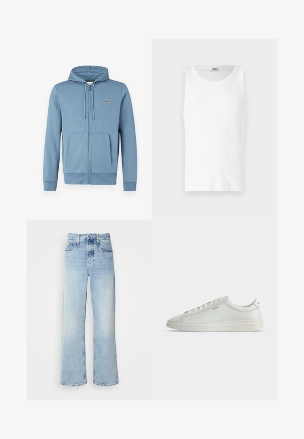 Lyseblå zip-up hoodie lavet af blødt stof. Har en hætte med snore, forlommer og et brandlogo på brystet.; Hvid bomulds tanktop uden ærmer med rund halsudskæring og en glat tekstur. Enkel design, ingen mønstre eller accenter.; Lysblå vide jeans med høj talje, der har en falmet finish, bæltestropper og klassisk fem-lomme design. Kantene er rå.; Hvid lavtop lædersneakers med snørebånd, flad sål og lille gyldent "BOSS" logo på siden, set fra ydersiden.