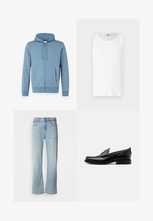 Lyseblå zip-up hoodie lavet af blødt stof. Har en hætte med snore, forlommer og et brandlogo på brystet.; Hvid bomulds tanktop uden ærmer med rund halsudskæring og en glat tekstur. Enkel design, ingen mønstre eller accenter.; Lyseblå denimjeans med lige ben, der har fem lommer, knaplukning og en subtil falmning på stoffet.; Sort læder herre loafer med moc-tå syning, penny strop, struktureret krave og lav stablet hæl på hvid baggrund.