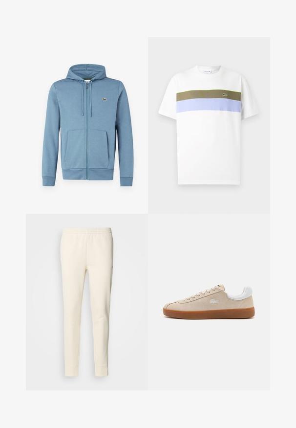 Sudadera con cremallera de color azul claro, hecha de una tela suave. Presenta una capucha con cordón, bolsillos frontales y un logotipo de marca en el pecho.; Camiseta de algodón blanca de manga corta, con rayas horizontales en verde oliva, azul claro y lavanda. Logo de Lacoste en el lado izquierdo del pecho.; Pantalones de chándal color crema, hechos de una tela suave, con una cinturilla elástica, piernas ajustadas y tobillos ceñidos. Diseño simple sin patrones.; Zapatilla de ante beige con detalles en cuero blanco, cierre de cordones plano, suela de goma y logo bordado. La vista lateral muestra un diseño aerodinámico.