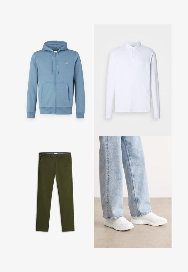 Lyseblå zip-up hoodie lavet af blødt stof. Har en hætte med snore, forlommer og et brandlogo på brystet.; Langærmet hvid polo-shirt lavet af blødt stof, med en klassisk krave, tre knaplukninger og et diskret logo på brystet.; Olivengrønne slim-fit chino bukser med frontknap og lynlås, sidelommer og bæltestropper, lagt fladt på en hvid baggrund.; Hvide atletik sneakers med et glat, formet design og teksturerede såler, parret med lyseblå, løstsiddende denim jeans.