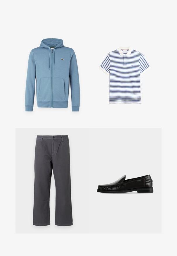 Lyseblå zip-up hoodie lavet af blødt stof. Har en hætte med snore, forlommer og et brandlogo på brystet.; Hvid poloshirt med korte ærmer med tynde blå, vandrette striber, hvid krave og et lille logo på venstre bryst.; Mørkegrå bomuldsbukser med lige ben, forsynet med frontknaplukning og dekorativ syning. Har sidelommer og casual pasform.; Sort læder slip-on loafer med flettet detalje langs siderne og en lav hæl på en hvid baggrund.