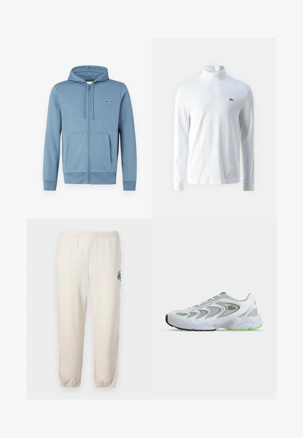 Lichtblauwe rits-hoodie van zachte stof. Voorzien van een trekkoordkap, voorzakken en een logopatch op de borst.; Witte lange mouw turtleneck shirt van zachte stof, met een klein groen geborduurd logo op de borst en aansluitende manchetten.; Lichtbeige sweatpants van katoen, met een elastische tailleband, geribde boorden en een groen logo met een bladerenontwerp op het linkerpand.; Witte en grijze sportschoen met groene accenten en logo, meshpanelen en een dikke, gedempte zool, zijaanzicht op een effen achtergrond.