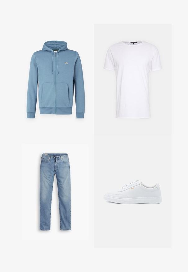 Lichtblauwe rits-hoodie van zachte stof. Voorzien van een trekkoordkap, voorzakken en een logopatch op de borst.; Witte katoenen t-shirt met een ronde halslijn, korte mouwen en een rechte snit. Heeft een eenvoudige, gladde textuur zonder aanvullende patronen.; Lichtblauwe spijkerbroek met een rechte snit. Beschikt over een knopenfly, vijf zakken en een licht vervaagde textuur.; Witte leren sneakers met een gladde textuur, ronde neus en tonale stiksels. Voorzien van blauwe veters en een gouden logo op de zijkant.