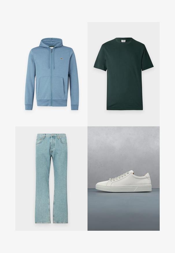 Lyseblå zip-up hoodie lavet af blødt stof. Har en hætte med snore, forlommer og et brandlogo på brystet.; Mørkegrøn kortærmet T-shirt lavet af glat bomuld, med rund hals og en afslappet pasform, uden synlige mønstre eller udsmykninger.; Lysblå denimjeans med lige ben-design, der har fem lommer og en knaplukning. Synlige sømme og frynsedetaljer i kanten.; Hvid lædersneaker med rund tå, minimalistisk design, grå snørebånd og en tekstureret grå gummisål. Subtile syningsdetaljer er synlige.