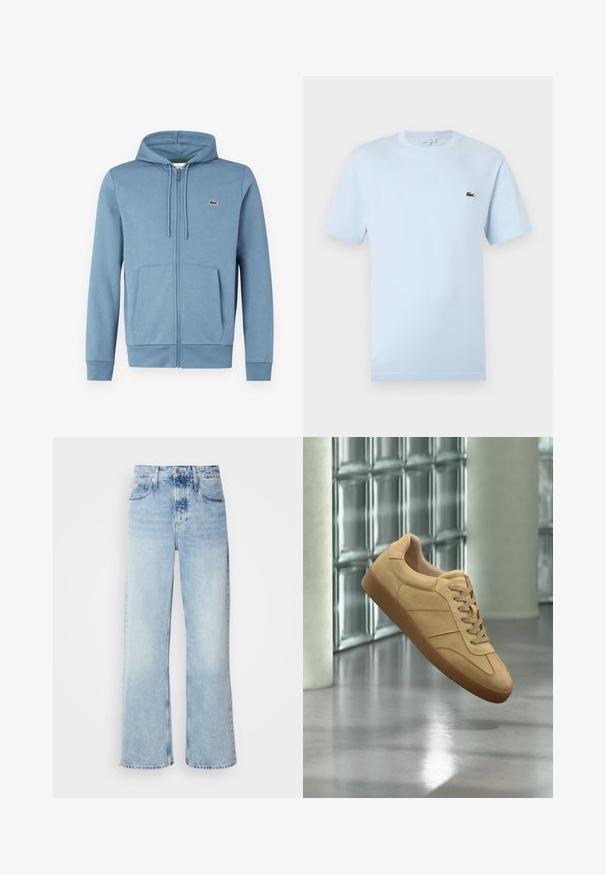 Lyseblå zip-up hoodie lavet af blødt stof. Har en hætte med snore, forlommer og et brandlogo på brystet.; Lyseblå kortærmet T-shirt lavet af blødt bomuldsstof. Har et lille grønt broderet krokodille-logo på brystet.; Lysblå vide jeans med høj talje, der har en falmet finish, bæltestropper og klassisk fem-lomme design. Kantene er rå.; Beige ruskind sneaker med gummisål, snørelukning, svæver indendørs på poleret betongulv nær glasblokvæg.