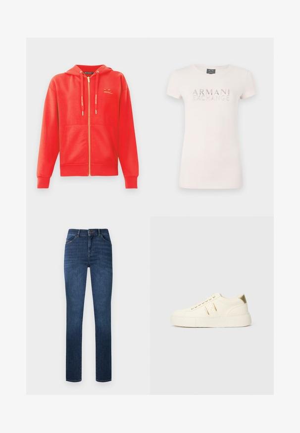 Hoodie rouge zippé avec une texture lisse, poches kangourou, capuche à cordon et logo doré en accent sur la poitrine.; T-shirt rose clair à manches courtes avec un logo en relief "ARMANI EXCHANGE" en accents métalliques. Tissu doux, encolure ronde classique, coupe ajustée.; Jean skinny bleu foncé taille haute avec fermeture à boutons et zip à l'avant, poches avant et détails subtils délavés.; Baskets basses de couleur crème avec des accents dorés, des lacets et un marquage « Armani Exchange » en relief sur la semelle et le patch latéral.